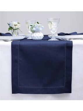 NEW Solino Home 100% Pure Linen Table Runner Navy, Classic Hemstitch 14 x 90 in